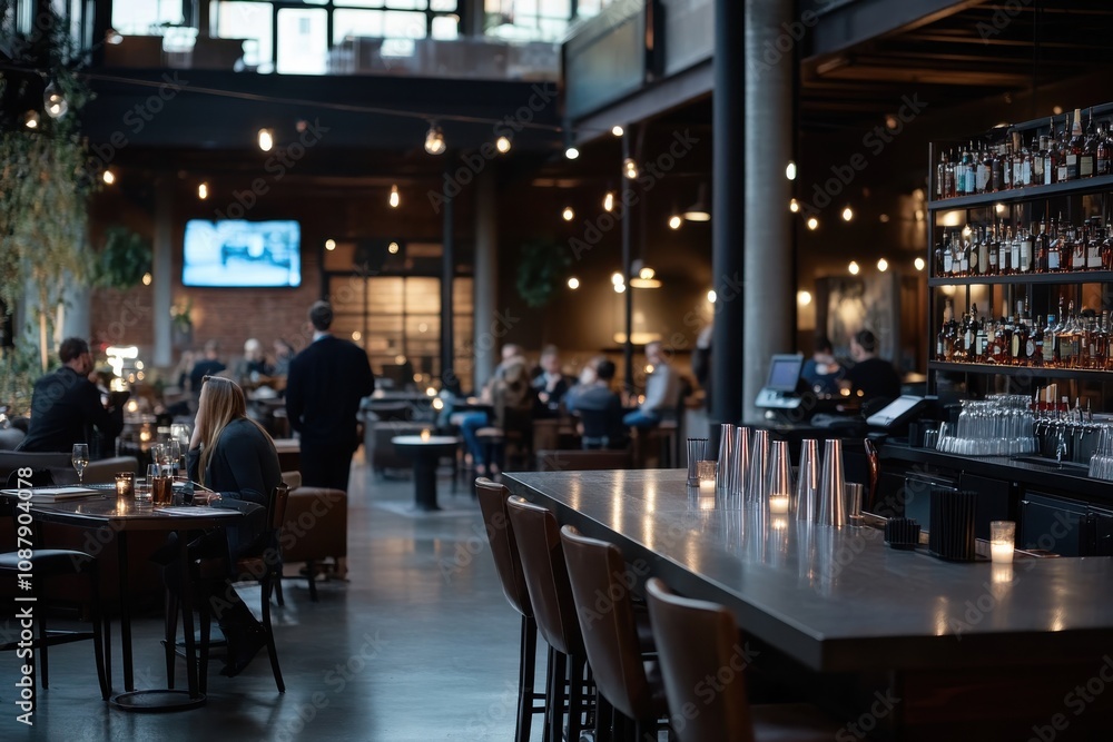 A trendy bar filled with patrons, featuring ambient lighting and a modern design. The social atmosphere invites gatherings and relaxation over drinks. A trendy bar filled with patrons, featuring ambient lighting and a modern design. The social atmosphere invites gatherings and relaxation over drinks.