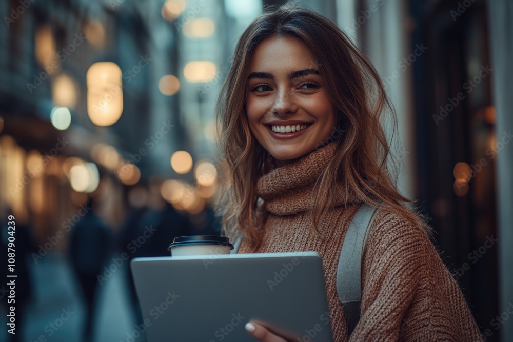 A smiling woman holds a tablet computer and a cup of coffee, a modern scene of work or leisure A smiling woman holds a tablet computer and a cup of coffee, a modern scene of work or leisure