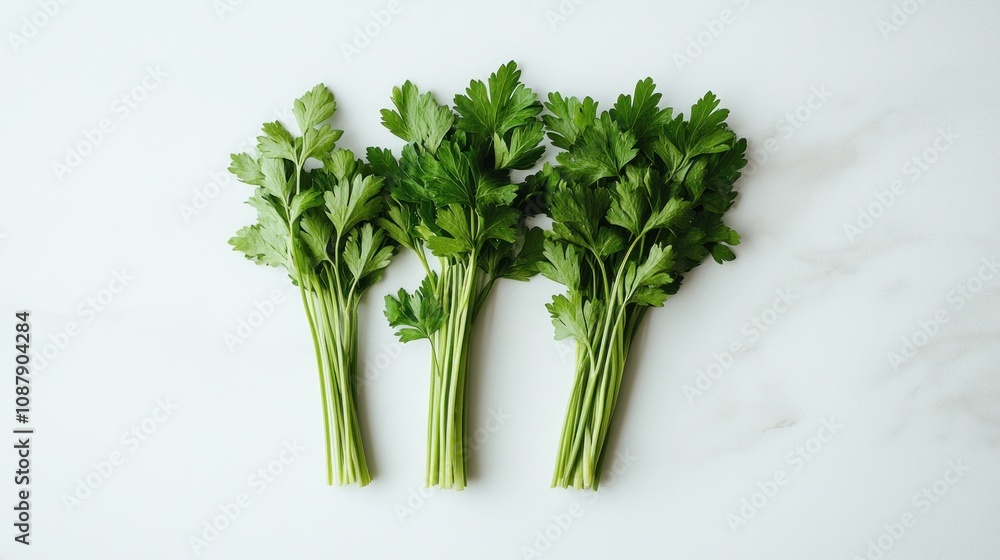 Fresh parsley sprigs arranged on a surface. Fresh parsley sprigs arranged on a surface.