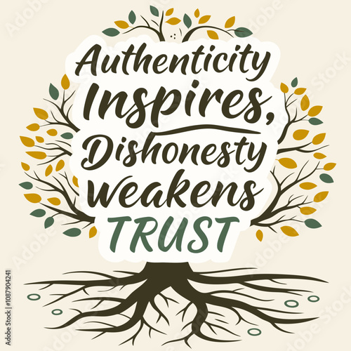 A stylish t-shirt design 'Authenticity inspires, dishonesty weakens trust' Surrounding the text with a gorgeous illustration of a radiant tree with roots