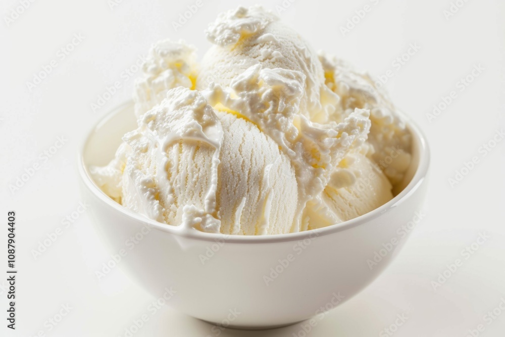 A white bowl filled with creamy ice cream, perfect for a sweet treat or dessert A white bowl filled with creamy ice cream, perfect for a sweet treat or dessert