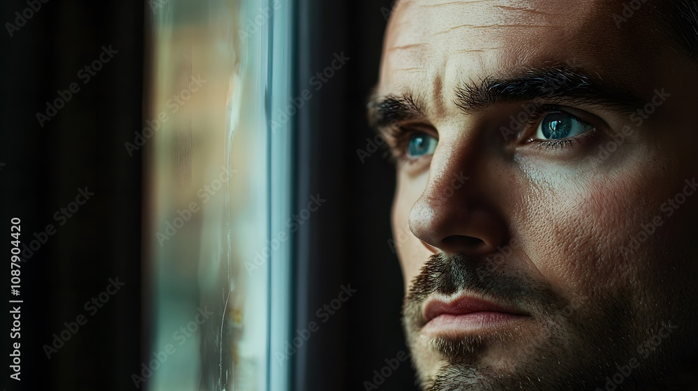 A man with sad eyes looks out the window A man with sad eyes looks out the window