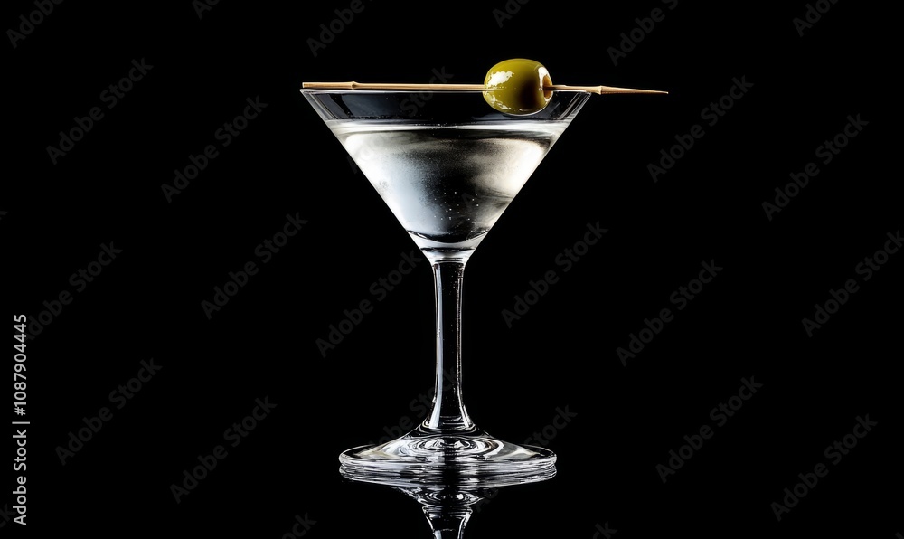 Martini cocktail in a classic martini glass garnished with a green olive on a toothpick against a dark background Martini cocktail in a classic martini glass garnished with a green olive on a toothpick against a dark background