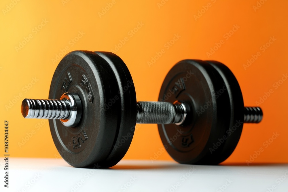A pair of dumbbells placed on a table, ready for use in a home gym or fitness routine A pair of dumbbells placed on a table, ready for use in a home gym or fitness routine