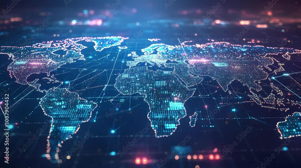 Global connectivity illustrated through a digital network connecting continents and cities at night Global connectivity illustrated through a digital network connecting continents and cities at night