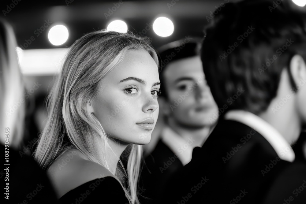 A black and white image of a young woman with long hair attending a formal event, surrounded by people in the background, capturing a moment of introspection and elegance. A black and white image of a young woman with long hair attending a formal event, surrounded by people in the background, capturing a moment of introspection and elegance.