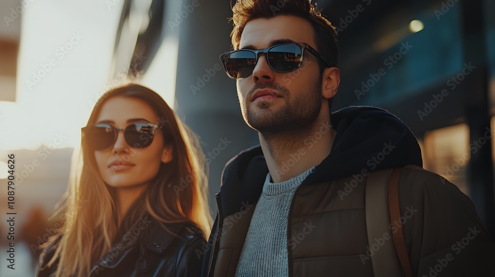 A man with sunglasses and a woman standing next to him A man with sunglasses and a woman standing next to him