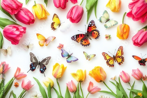 A group of colorful butterflies land on top of tulips on a clean white surface photo