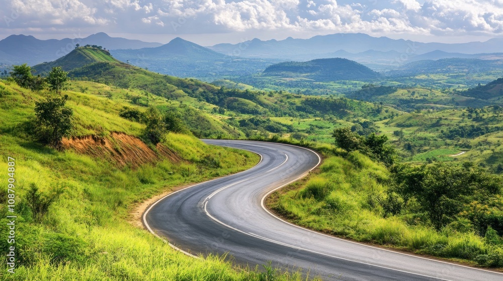 Winding Road Through Lush Mountain Valley Winding Road Through Lush Mountain Valley