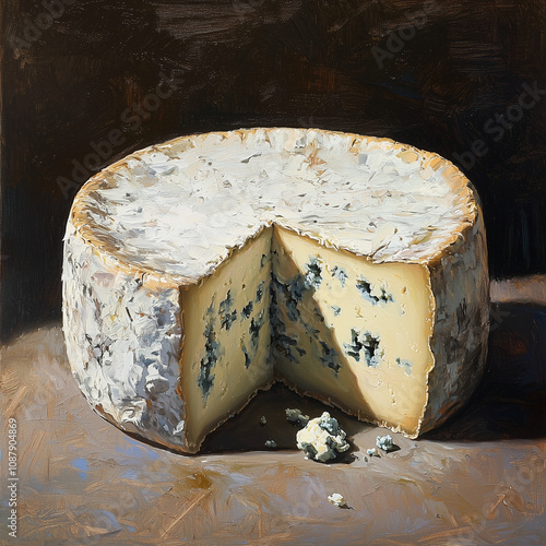 realistic oil painting of a half-wheel of blue cheese showcasing its rich texture and depth