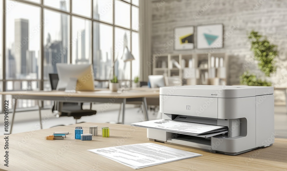 A modern office printer on a desk printing documents, with an office workspace in the background featuring desks, chairs, and office supplies A modern office printer on a desk printing documents, with an office workspace in the background featuring desks, chairs, and office supplies