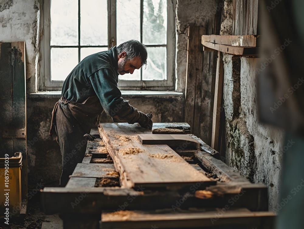 A man working on a piece of wood in an old building A man working on a piece of wood in an old building