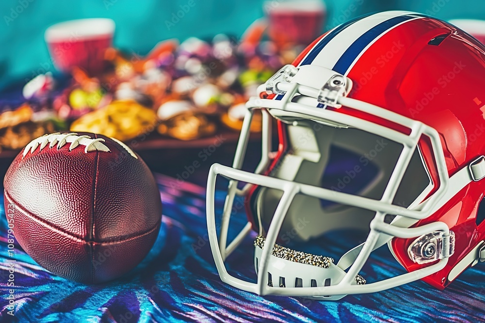 Naklejka premium Red helmet and football with snacks and drinks in background