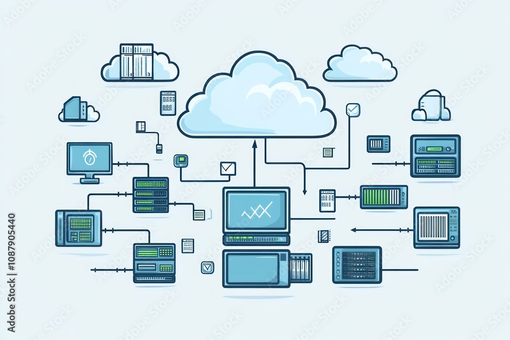 Illustration of a cloud computing network with connected devices, servers, and data. Illustration of a cloud computing network with connected devices, servers, and data.