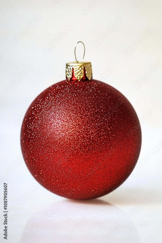 A single red Christmas ornament sitting on a white surface A single red Christmas ornament sitting on a white surface