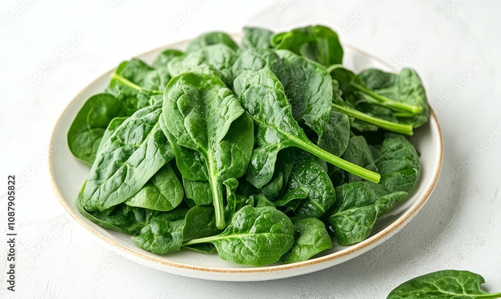 A plate of leafy greens like spinach and kale, high in mineral salts, with space for text on the bottom-left. A plate of leafy greens like spinach and kale, high in mineral salts, with space for text on the bottom-left.