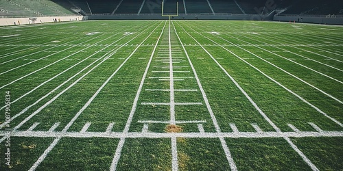 Green football field lines lead to goalposts, expansive and read photo