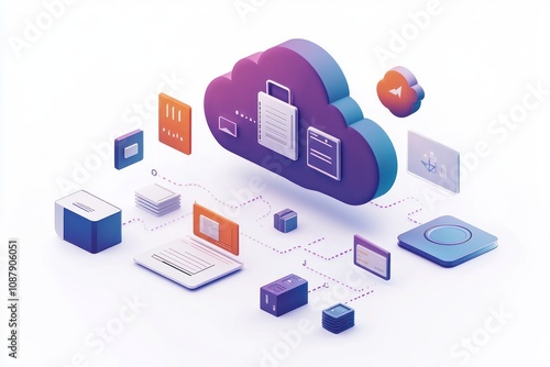 3D isometric illustration of a cloud computing system with multiple devices connected to the cloud.