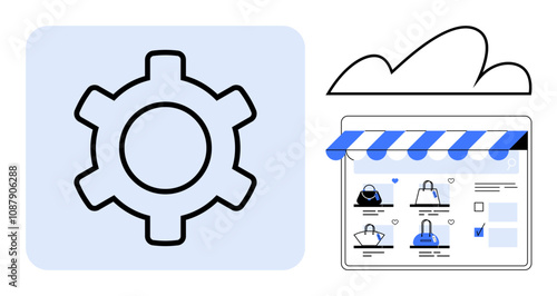 Configuration gear icon next to an online store web page featuring products under a cloud. Ideal for e-commerce setup, digital solutions, website management, online shopping, cloud computing