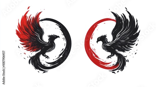 Dual Phoenix Designs: Red and Black Birds in Circular Frames
