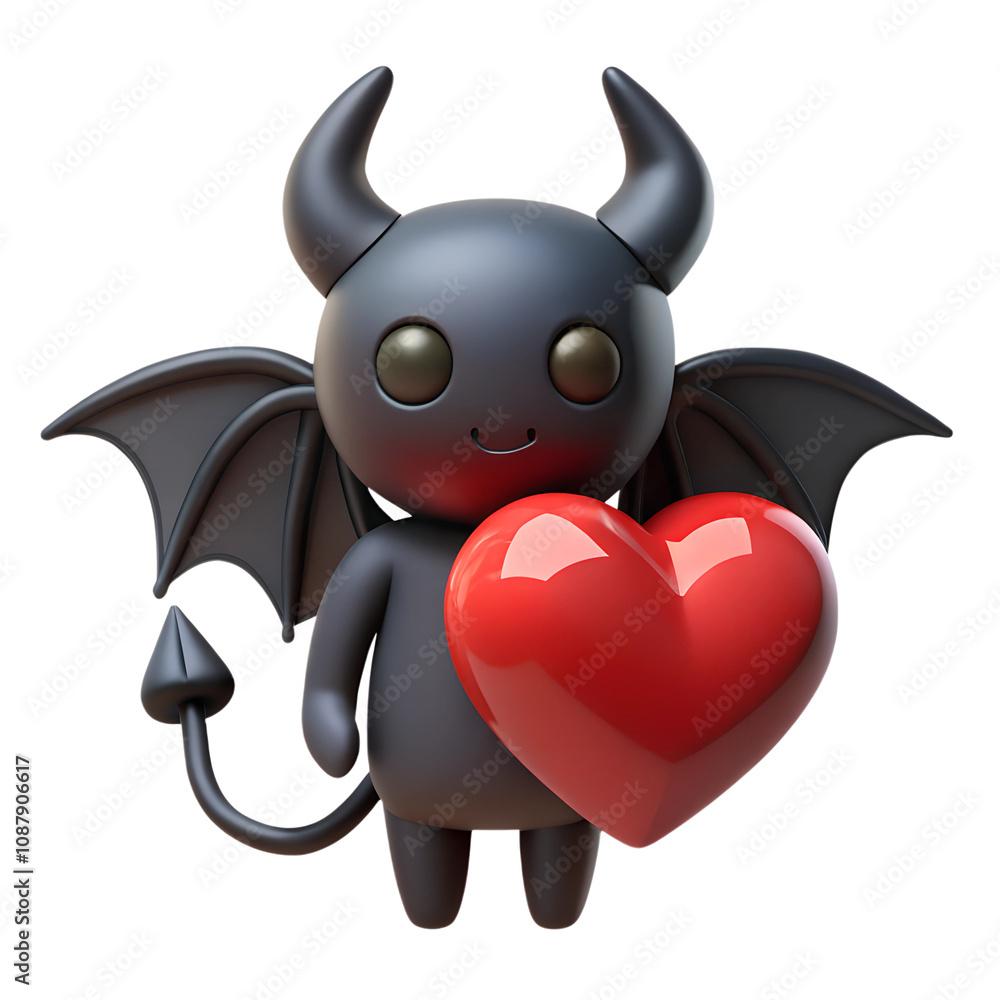 Naklejka premium Cute black devil character holding red heart 3d illustration