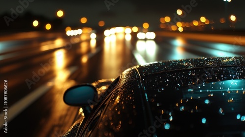 A car drives along a wet and slippery road under the cover of darkness, highlighting the importance of caution when driving in poor weather conditions photo