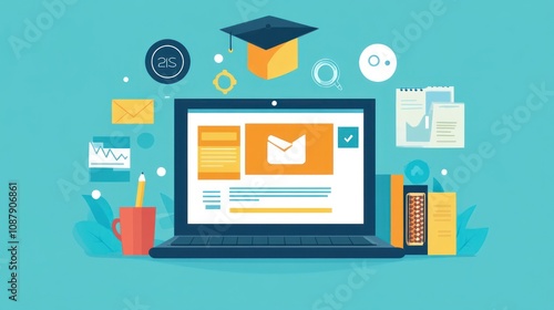 An open laptop with a graduation cap, books, a pencil, a cup of coffee, and other icons surrounding it, representing online education.