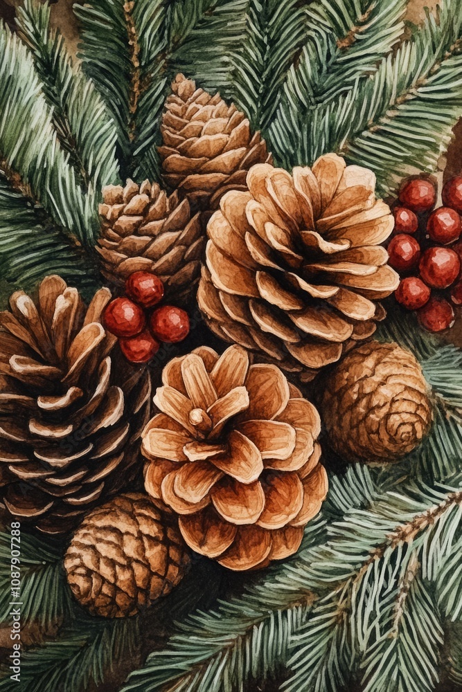 A close-up shot of pine cones and berries, great for use in nature-themed designs A close-up shot of pine cones and berries, great for use in nature-themed designs
