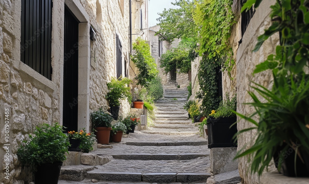 Naklejka premium Narrow cobblestone street in a historic, picturesque village with stone buildings, black doors, potted plants, and greenery climbing up stairs