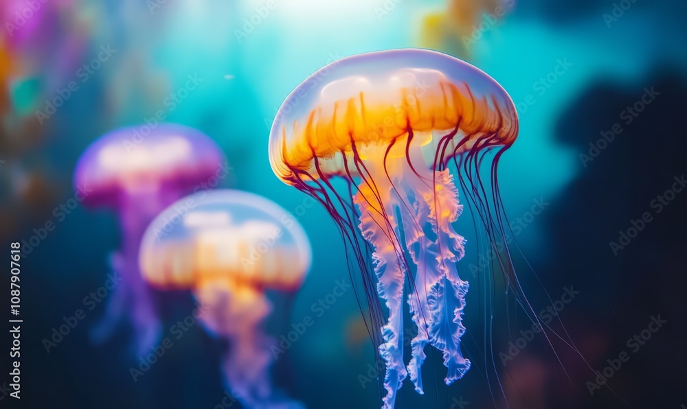 Glowing jellyfish swimming through a bright, colorful ocean of liquid light, symbolizing underwater imagination Glowing jellyfish swimming through a bright, colorful ocean of liquid light, symbolizing underwater imagination