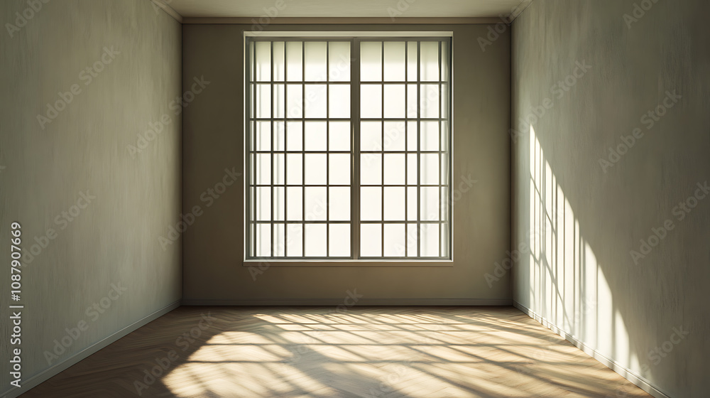 A room devoid of furnishings showcases oak parquet flooring and a barred aluminum window, contributing to its minimalist aesthetic A room devoid of furnishings showcases oak parquet flooring and a barred aluminum window, contributing to its minimalist aesthetic