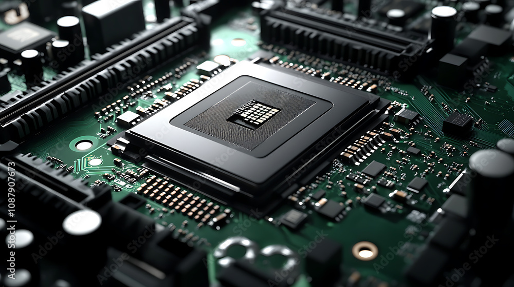 A close-up view of a high-performance GPU (Graphics Processing Unit) chip with intricate circuitry on a green motherboard, showcasing technology used for gaming and computing A close-up view of a high-performance GPU (Graphics Processing Unit) chip with intricate circuitry on a green motherboard, showcasing technology used for gaming and computing