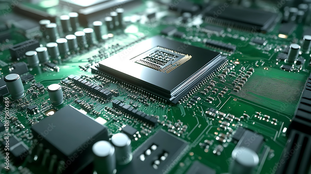 A close-up view of a high-performance GPU (Graphics Processing Unit) chip with intricate circuitry on a green motherboard, showcasing technology used for gaming and computing A close-up view of a high-performance GPU (Graphics Processing Unit) chip with intricate circuitry on a green motherboard, showcasing technology used for gaming and computing