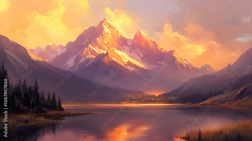 A guided imagery concept with a tranquil landscape, showcasing a majestic mountain range bathed in the warm glow of a rising sun, symbolizing peace and calmness A guided imagery concept with a tranquil landscape, showcasing a majestic mountain range bathed in the warm glow of a rising sun, symbolizing peace and calmness