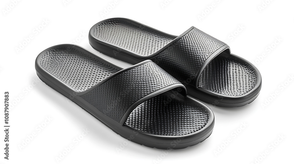 A pair of slide sandals isolated on white, depicting black rubber slippers closeup, suitable for pool or shower use, emphasizing comfort and suitability for hot weather and summer vacations A pair of slide sandals isolated on white, depicting black rubber slippers closeup, suitable for pool or shower use, emphasizing comfort and suitability for hot weather and summer vacations