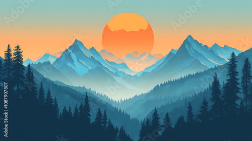 A guided imagery concept with a tranquil landscape, showcasing a majestic mountain range bathed in the warm glow of a rising sun, symbolizing peace and calmness