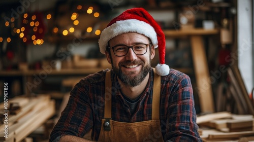 Portrait of a cheerful carpenter in Santa hat building holiday decor Christmas woodworking spirit