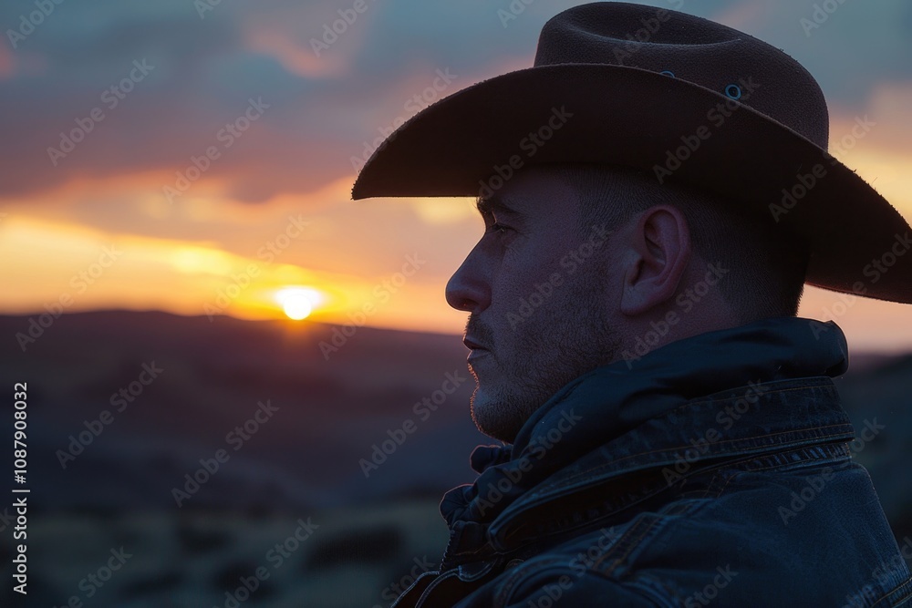 A man in a cowboy hat looks out at a beautiful sunset A man in a cowboy hat looks out at a beautiful sunset