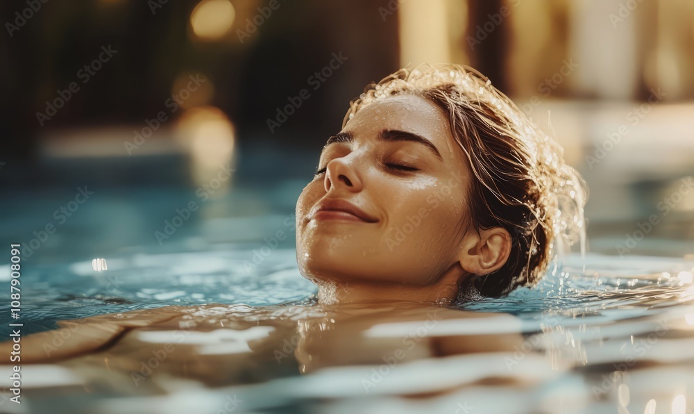 A woman relaxing in the jacuzzi of a spa, eyes closed and relaxed in a hot water bath, enjoying her relaxation time, wellbeing, health and body care concept A woman relaxing in the jacuzzi of a spa, eyes closed and relaxed in a hot water bath, enjoying her relaxation time, wellbeing, health and body care concept