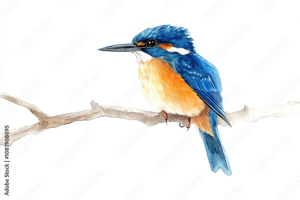 Fototapeta premium A watercolor illustration of a bird perched on a tree branch, delicate and colorful