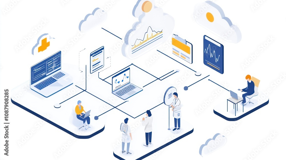 An illustration of a connected network with a team of doctors discussing data on a cloud computing platform. An illustration of a connected network with a team of doctors discussing data on a cloud computing platform.