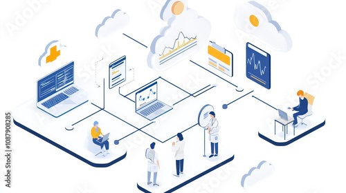 An illustration of a connected network with a team of doctors discussing data on a cloud computing platform.