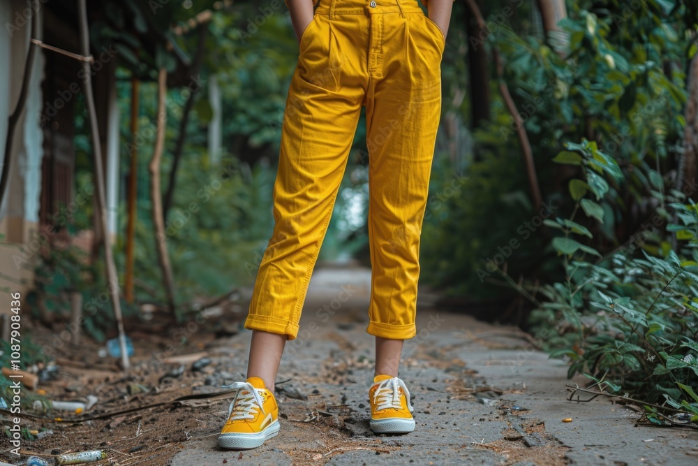 A woman wearing yellow pants stands on a city sidewalk, possibly waiting for something or lost in thought A woman wearing yellow pants stands on a city sidewalk, possibly waiting for something or lost in thought