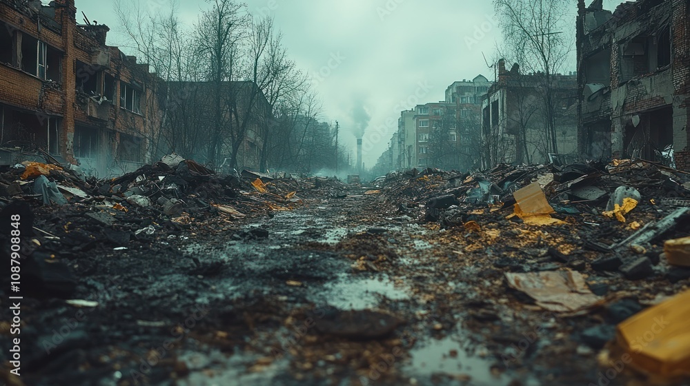 A street in a war-torn city, with debris and rubble scattered across the ground, smoke rising from a burning building in the distance. A street in a war-torn city, with debris and rubble scattered across the ground, smoke rising from a burning building in the distance.