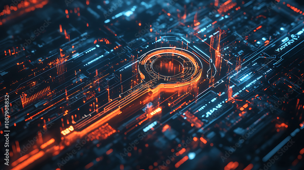 A visual representation of cybersecurity concept featuring a metallic key surrounded by digital elements, symbolizing the unlocking of secure data in a cyber environment A visual representation of cybersecurity concept featuring a metallic key surrounded by digital elements, symbolizing the unlocking of secure data in a cyber environment