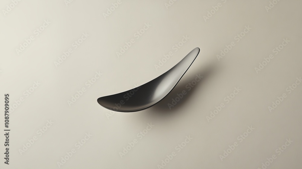 A photograph taken from a high angle showcasing a single spoon, a utensil used for eating or serving food, against a neutral background. The spoon's simple, curved shape A photograph taken from a high angle showcasing a single spoon, a utensil used for eating or serving food, against a neutral background. The spoon's simple, curved shape