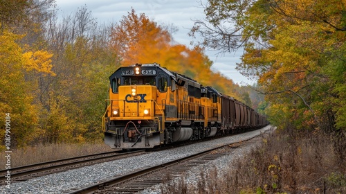 Autumnal Railway Journey: A CSX Freight Train Chugs Through Vibrant Fall Foliage
