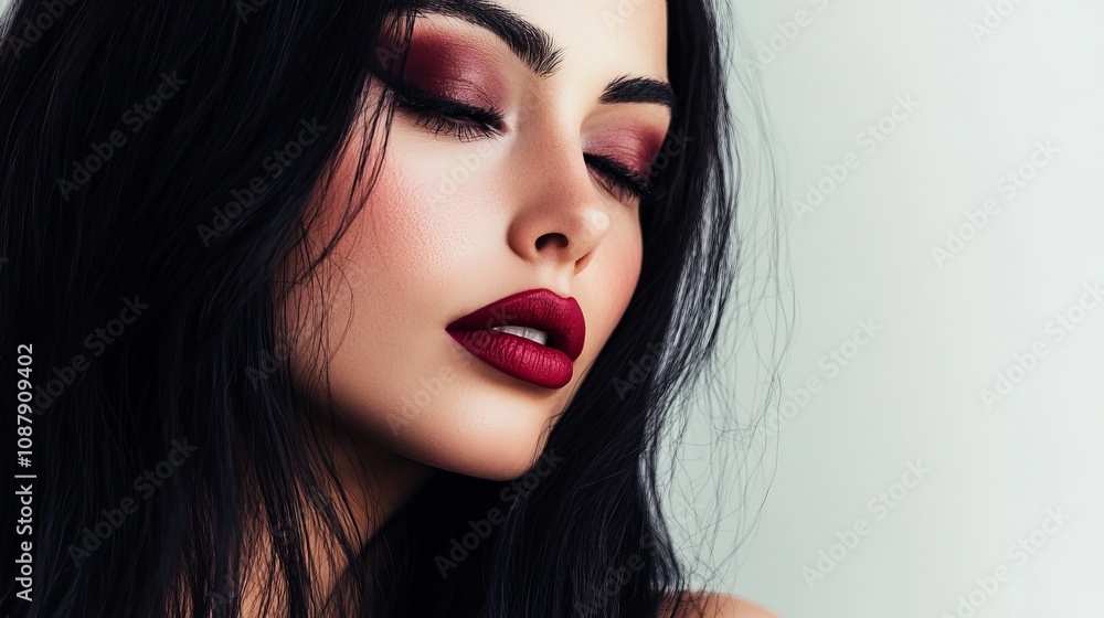A portrait of a stunning young woman with vibrant maroon makeup. She has rich brunette hair and bold cherry red lipstick. Her long black hair frames her face, adding to her striking appearance. A portrait of a stunning young woman with vibrant maroon makeup. She has rich brunette hair and bold cherry red lipstick. Her long black hair frames her face, adding to her striking appearance.