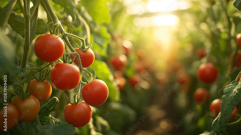 Fresh red tomatoes hanging on lush green vines in a sunlit garden, showcasing vibrant natural colors and ripeness.. Fresh red tomatoes hanging on lush green vines in a sunlit garden, showcasing vibrant natural colors and ripeness..