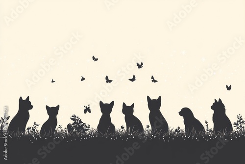 Silhouette of seven cats sitting in a field of grass with butterflies flying above them. photo